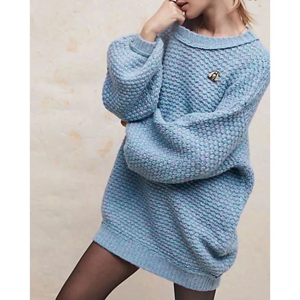 Free People Sweater Tunic Mini Dress Blue Chunky Knit ‎ size XS